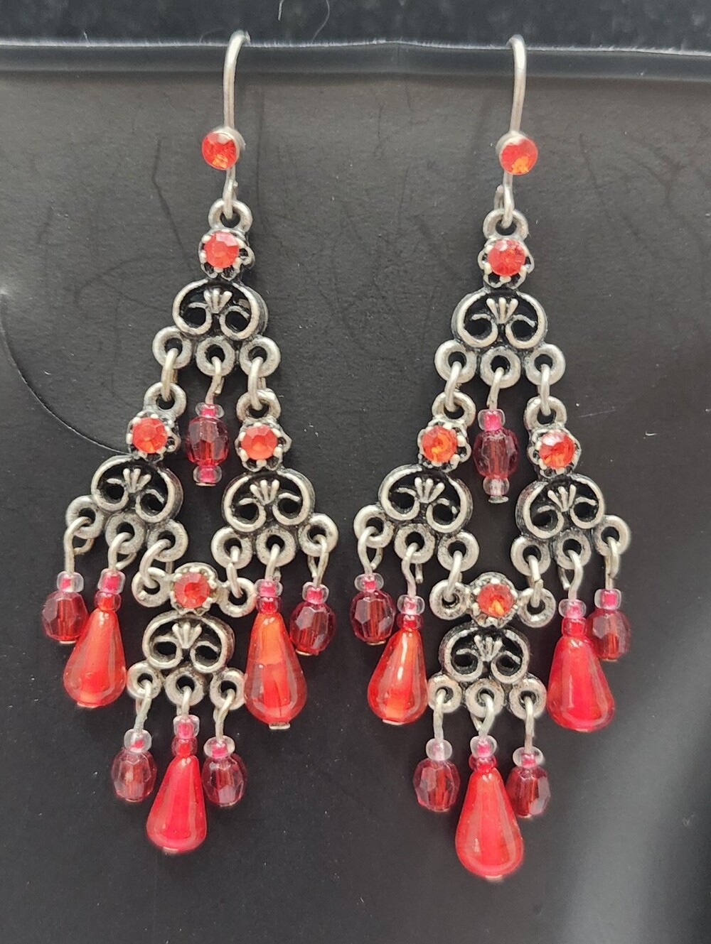 Crimson Red Chandelier Earrings with Teardrop Beads / silver tone wires